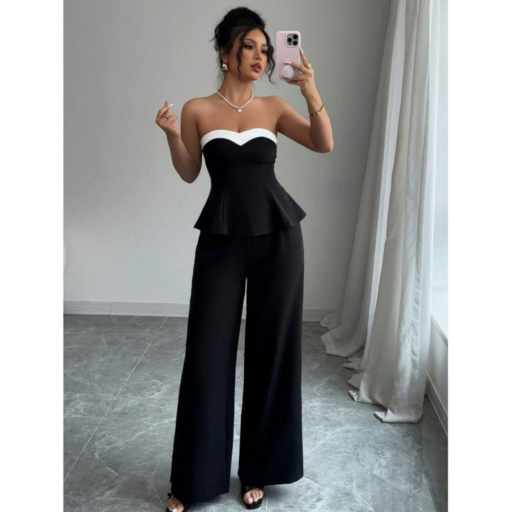 ZARA Womens Spring Summer Vacation Contrast Off Shoulder Vest Wide Leg Pants Set